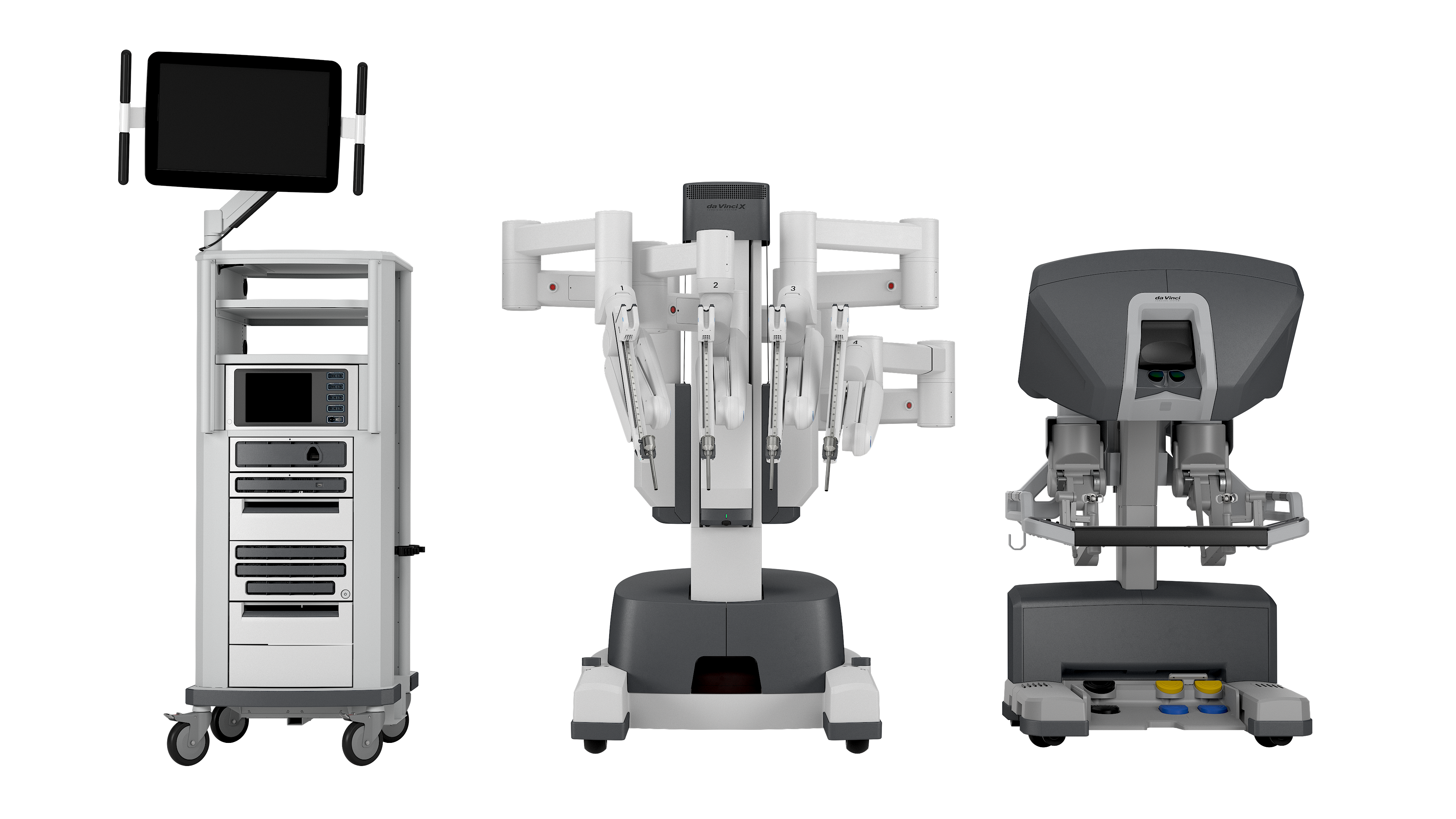 Drei Komponenten des da Vinci bilden ein System: Videoturm (vision cart), Patientenwagen (patient cart) und Chirurgenkonsole (surgeon console)