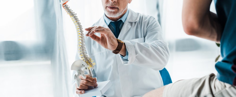 Ein Arzt erklärt einem Patienten etwas an einem Modell der Wirbelsäule
