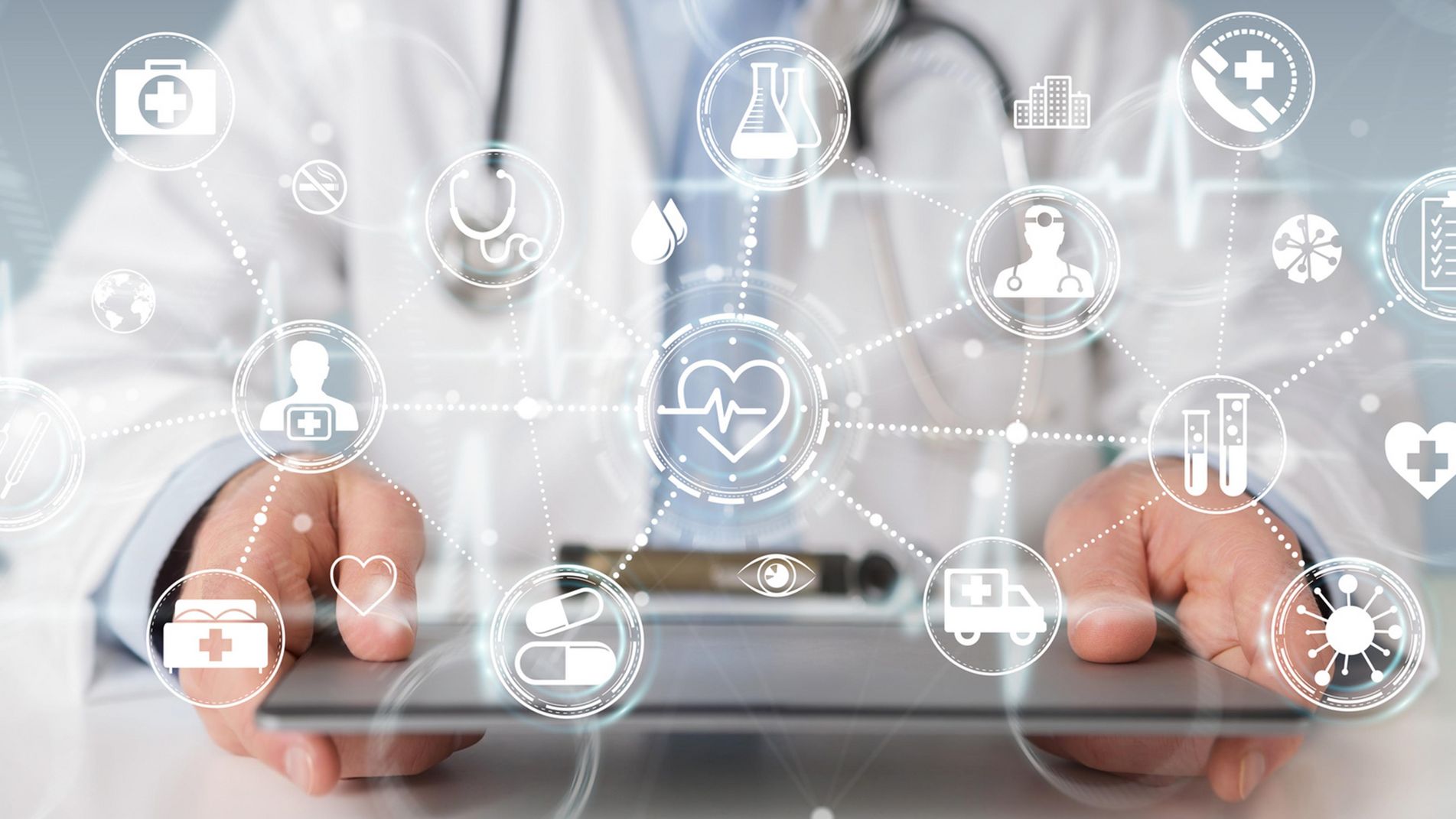 medical, doctor, medicine, technology, health, interface, modern, future, care, digital, computer, virtual, concept, exam, test, results, research, background, healthcare, stethoscope, network, connection, data, screen, symbol, hospital, graphic, hand, person, medic, icon, heart, innovation, tech, white, report, professional, human, diagram, cardiology, molecule, futuristic, cardiologist, 3D rendering, hold, using, touch, push, press